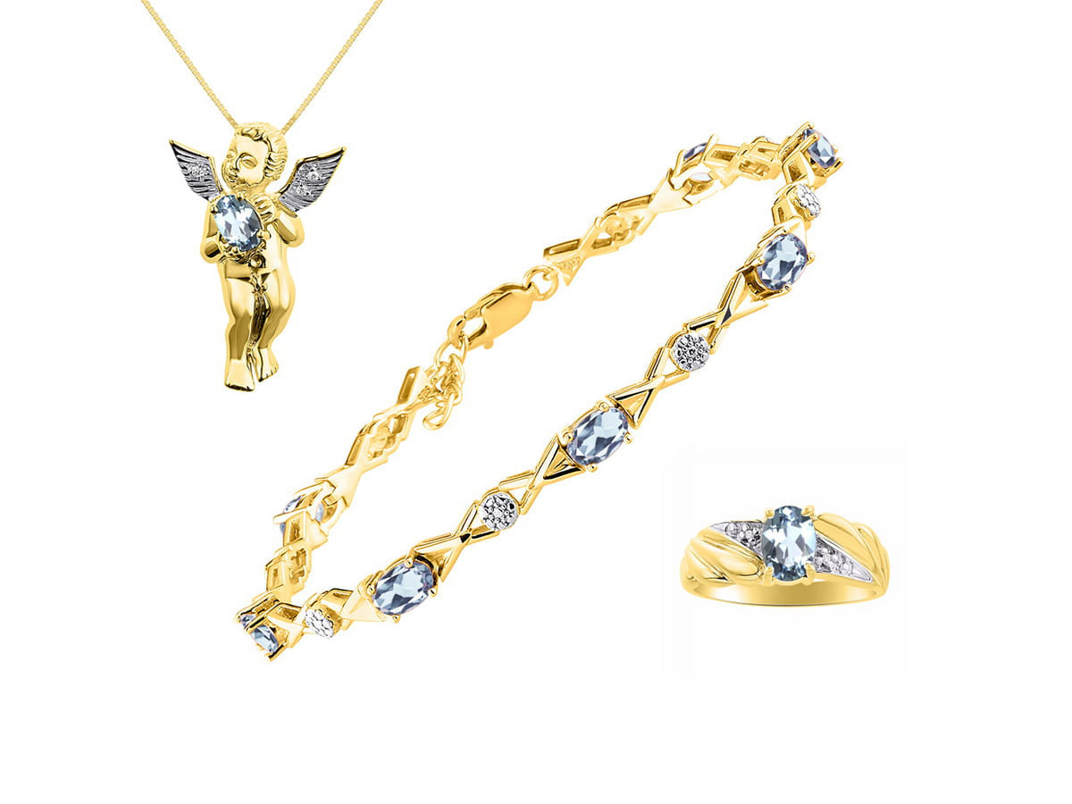 Yellow Gold Plated Silver Hugs & Kisses Angel Necklace, Tennis Bracelet, & Ring Adjustable 7"-8" Wrist & 18" Chain Aquamarine Birthstone Jewelry T473495