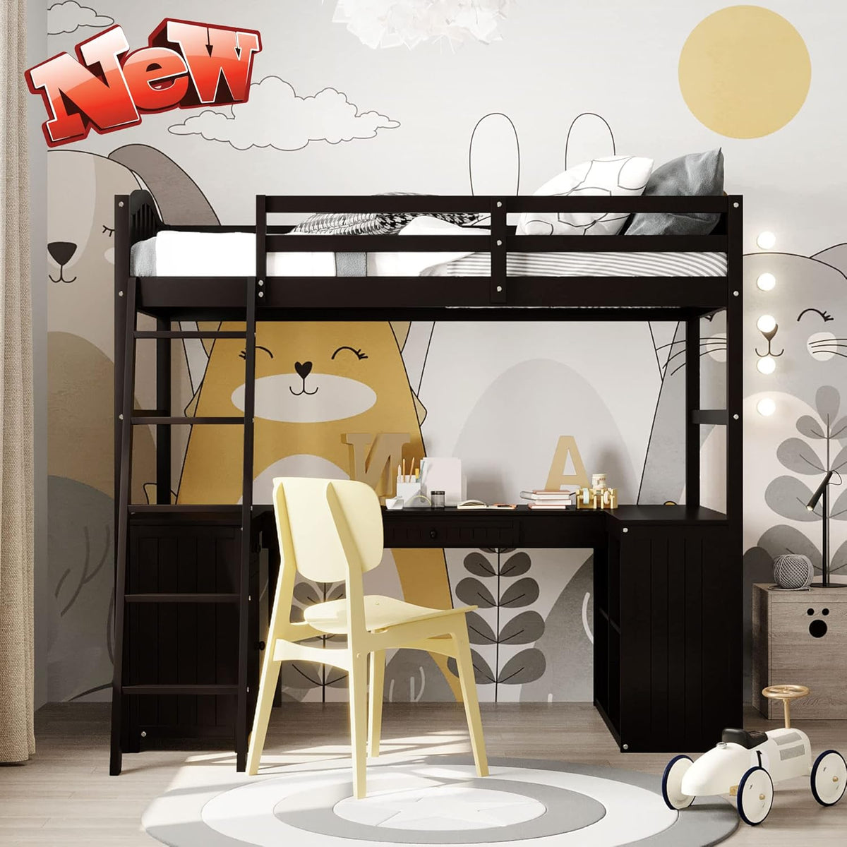 Twin Loft Bed with Desk Solid Wood Storage Drawers Cabinet Shelves Espresso K979799