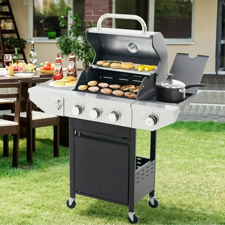 3 Burner Propane Gas Grill with Side Burner, Stainless Steel, Black H88955