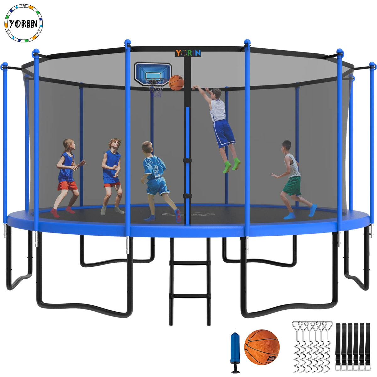 12FT 14FT 15FT Trampoline with Safety Enclosure Net, Basketball Hoop and Ladder M347948