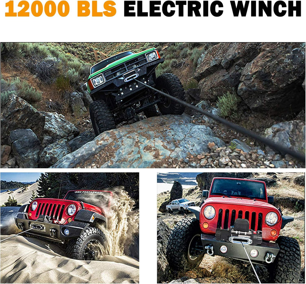 12V DC Winch with Synthetic Rope, 6 Ton (12,000 lb) Pulling Capacity W691611