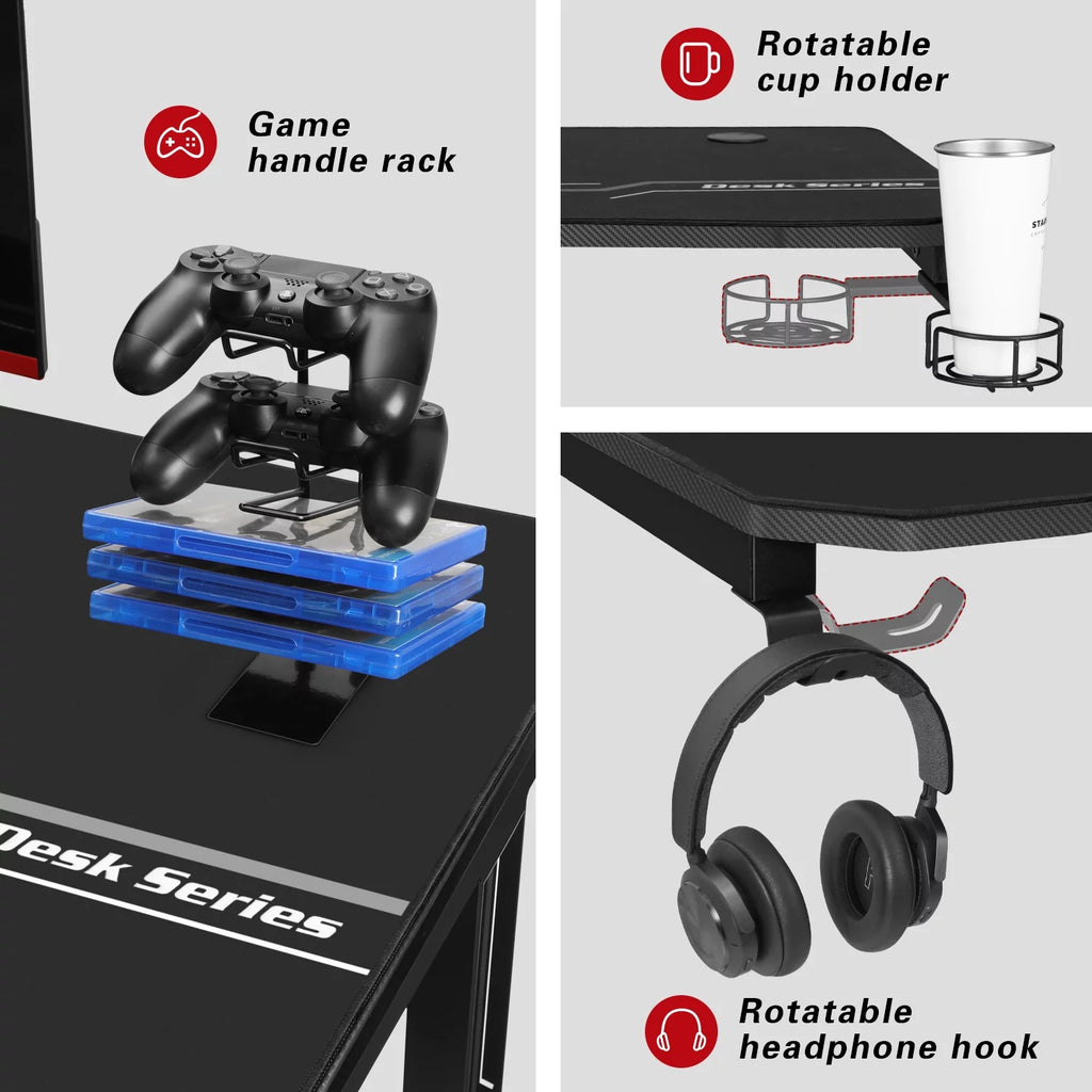 Black Gaming Computer Desk with Cup Holder and Headphone Hook M728713