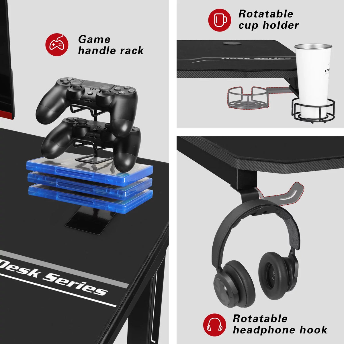 Black Gaming Computer Desk with Cup Holder and Headphone Hook M728713