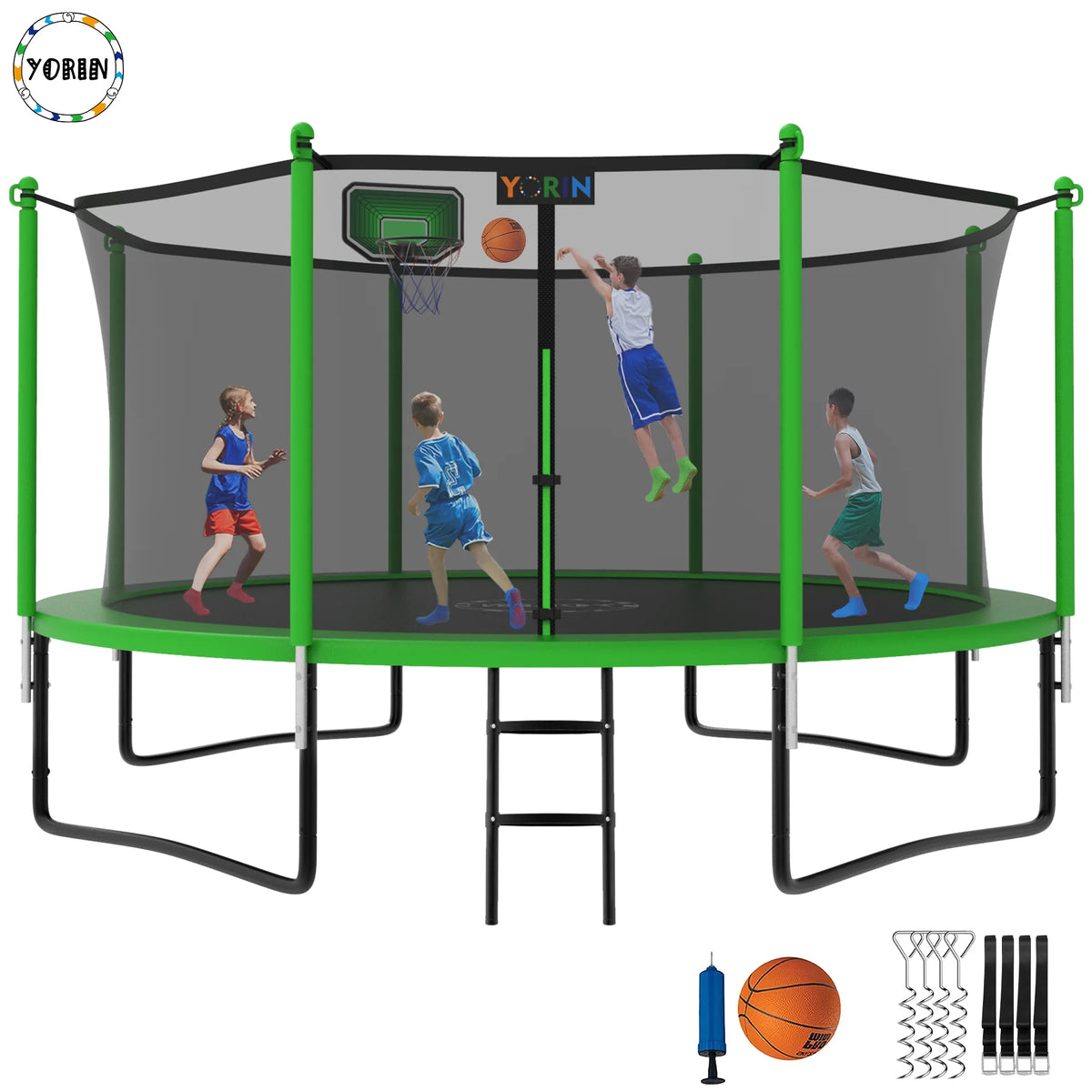 12FT 14FT 15FT Trampoline with Safety Enclosure Net, Basketball Hoop and Ladder M347948