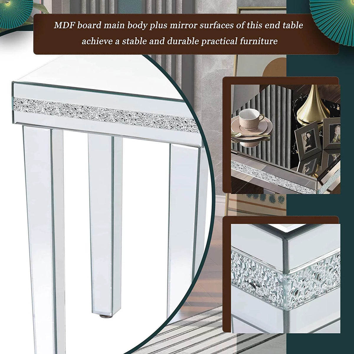 Modern Glass Mirrored Side Table with Crystal Design and Adjustable Height Legs J858435