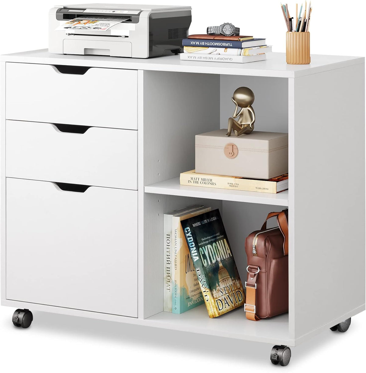 White 3-Drawer Mobile Wood File Cabinet with Open Storage Shelves G33364