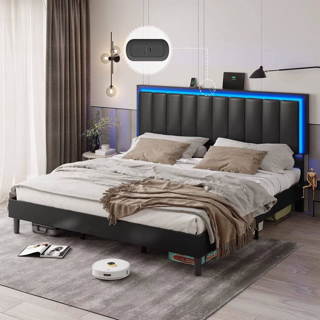 King Leather Upholstered Platform Bed with Charging Station and LED Lights H23530