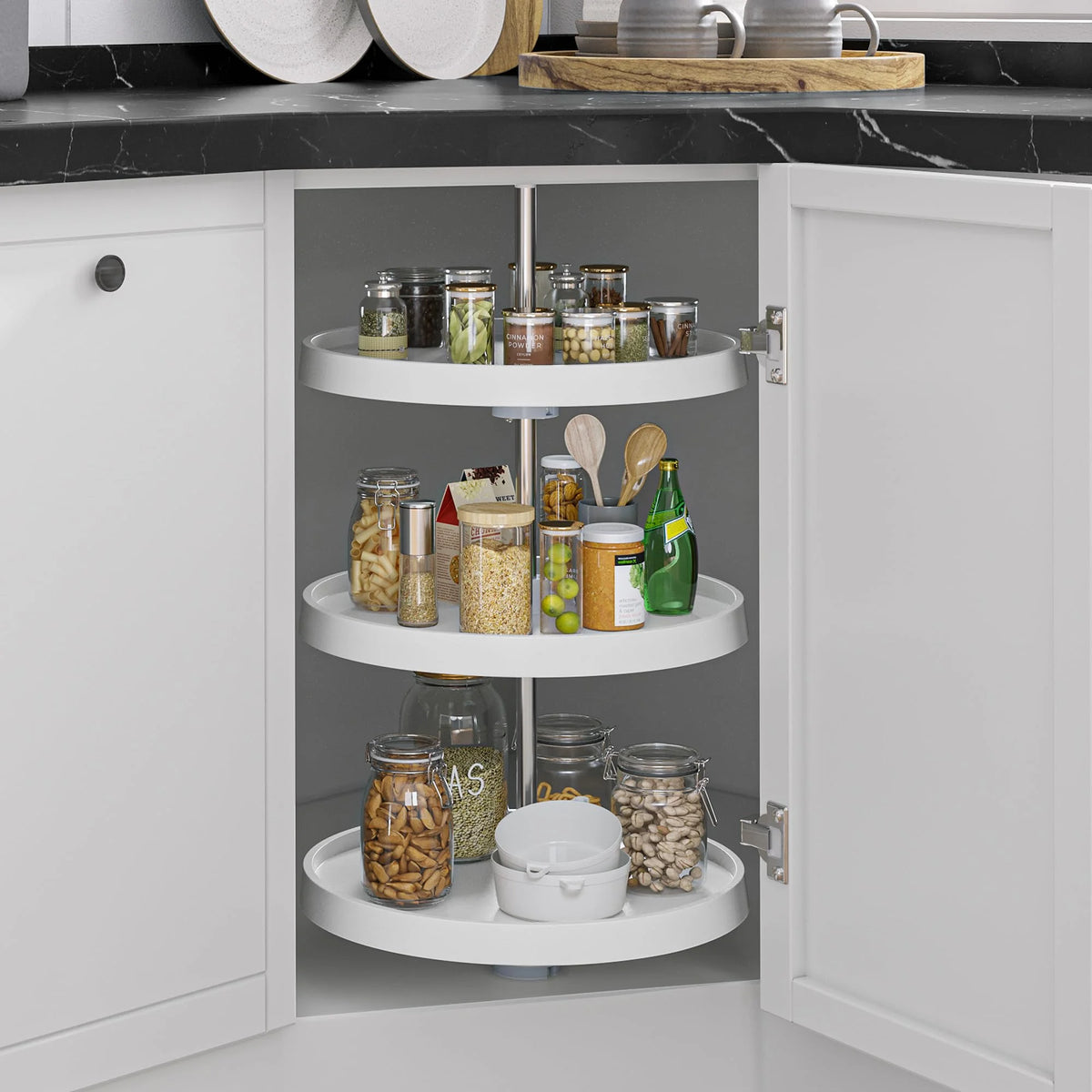 18-Inch 3-Shelf Lazy Susan Corner Kitchen Cabinet Organizer with Telescoping Mount, White X529470