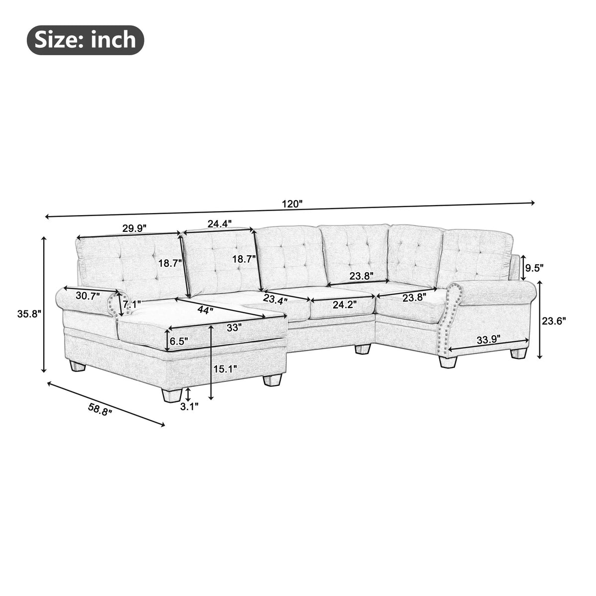 120" U-Shaped Linen Sectional Sofa F204153