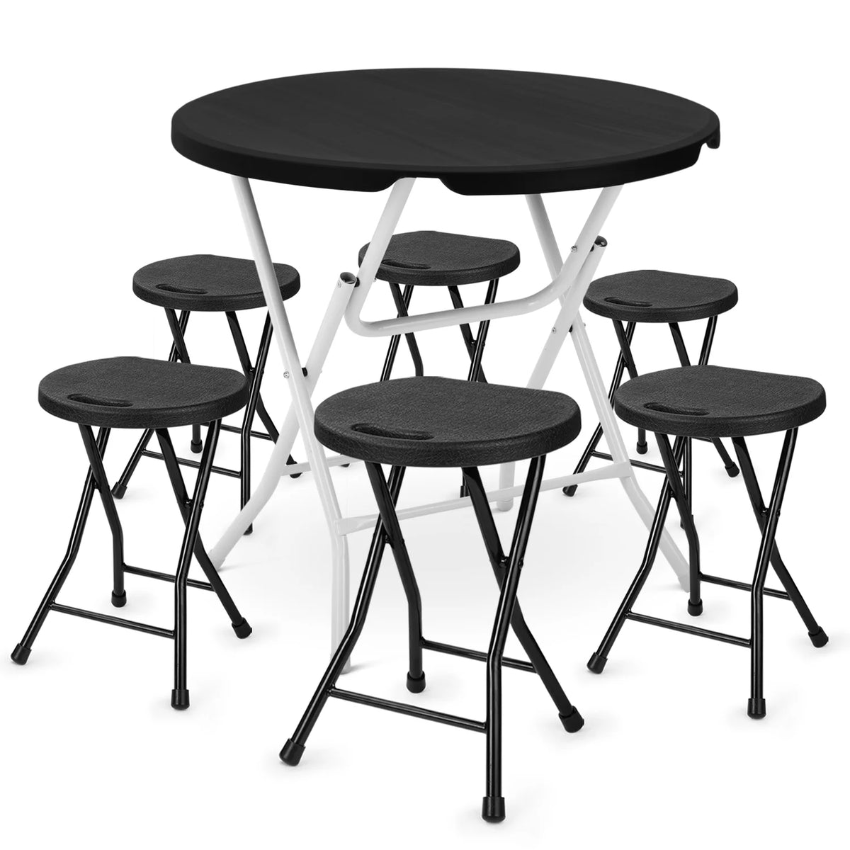 7 Pieces 2.6 FT Folding Round Black Table and Chair Set M477664