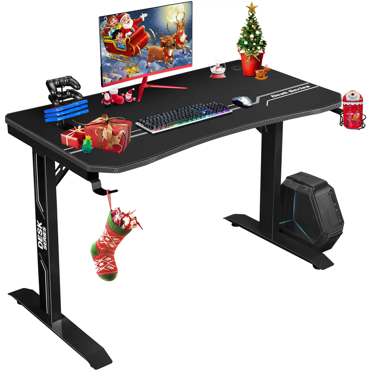 Black Gaming Computer Desk with Cup Holder and Headphone Hook M728713