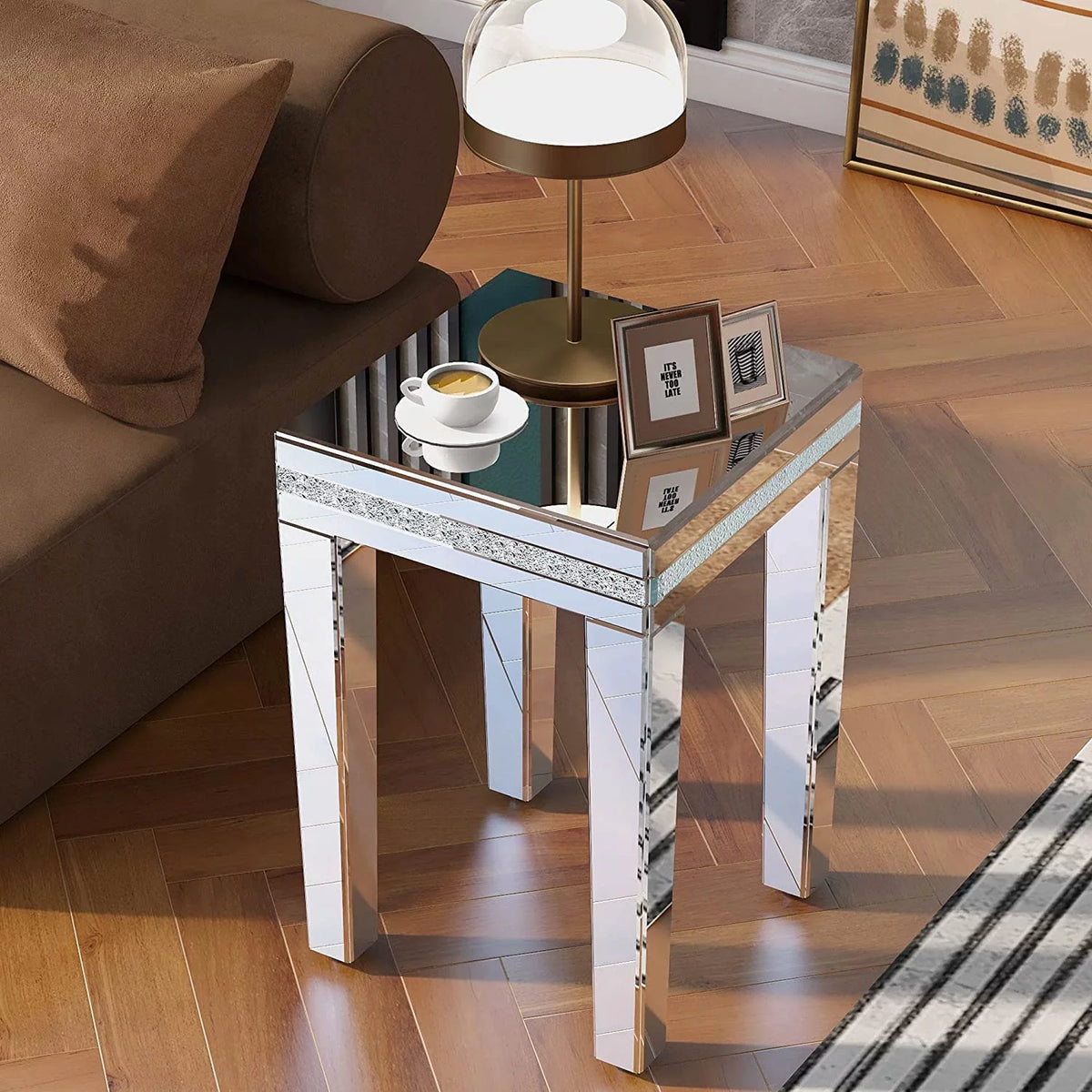 Modern Glass Mirrored Side Table with Crystal Design and Adjustable Height Legs J858435