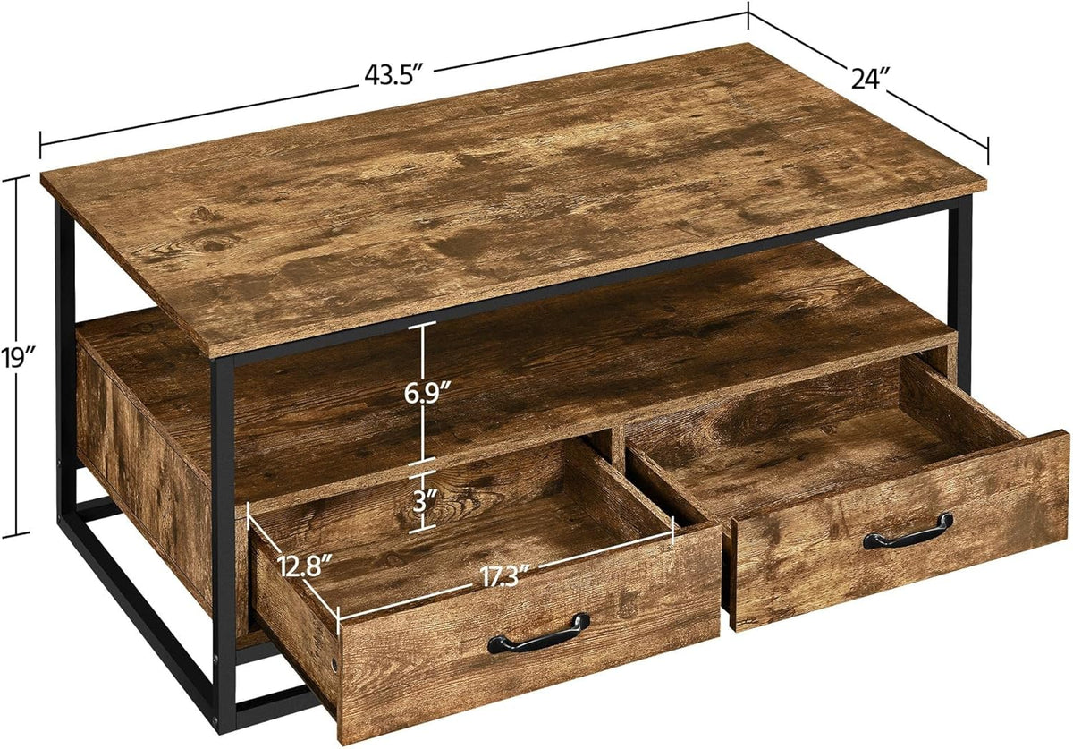 Farmhouse Coffee Table with Open Storage Shelves and 2 Drawers, Metal Frame, Rustic Brown B90666