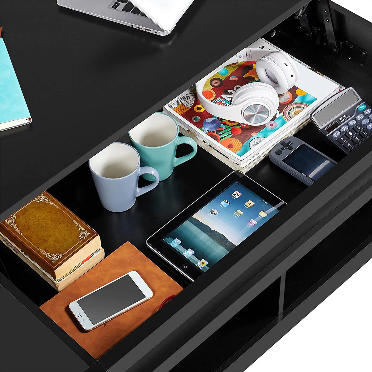 Black Lift Top Coffee Table with Hidden Storage Drawers Q990450