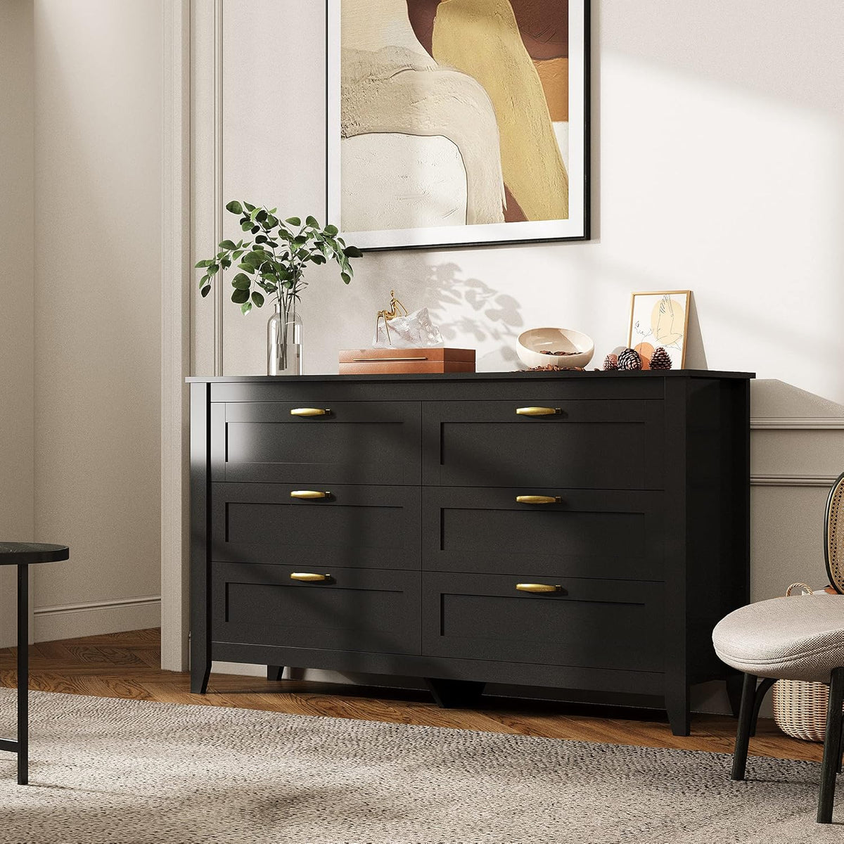 6 Drawer Retro Wood Dresser with Metal Handle W742