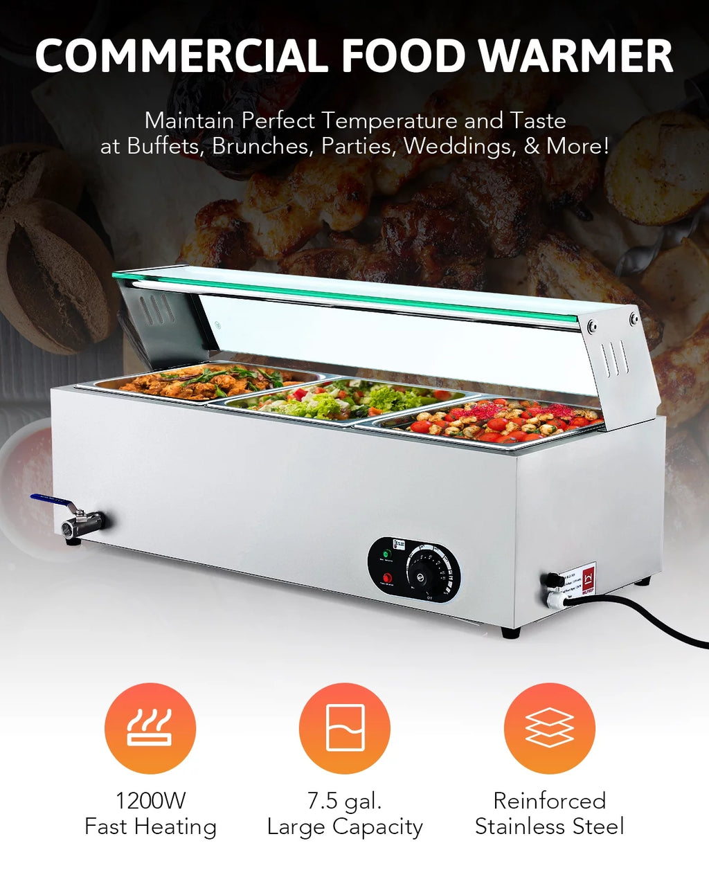 3 Pan Food Warmer Buffet Server with Glass Shelf S425371