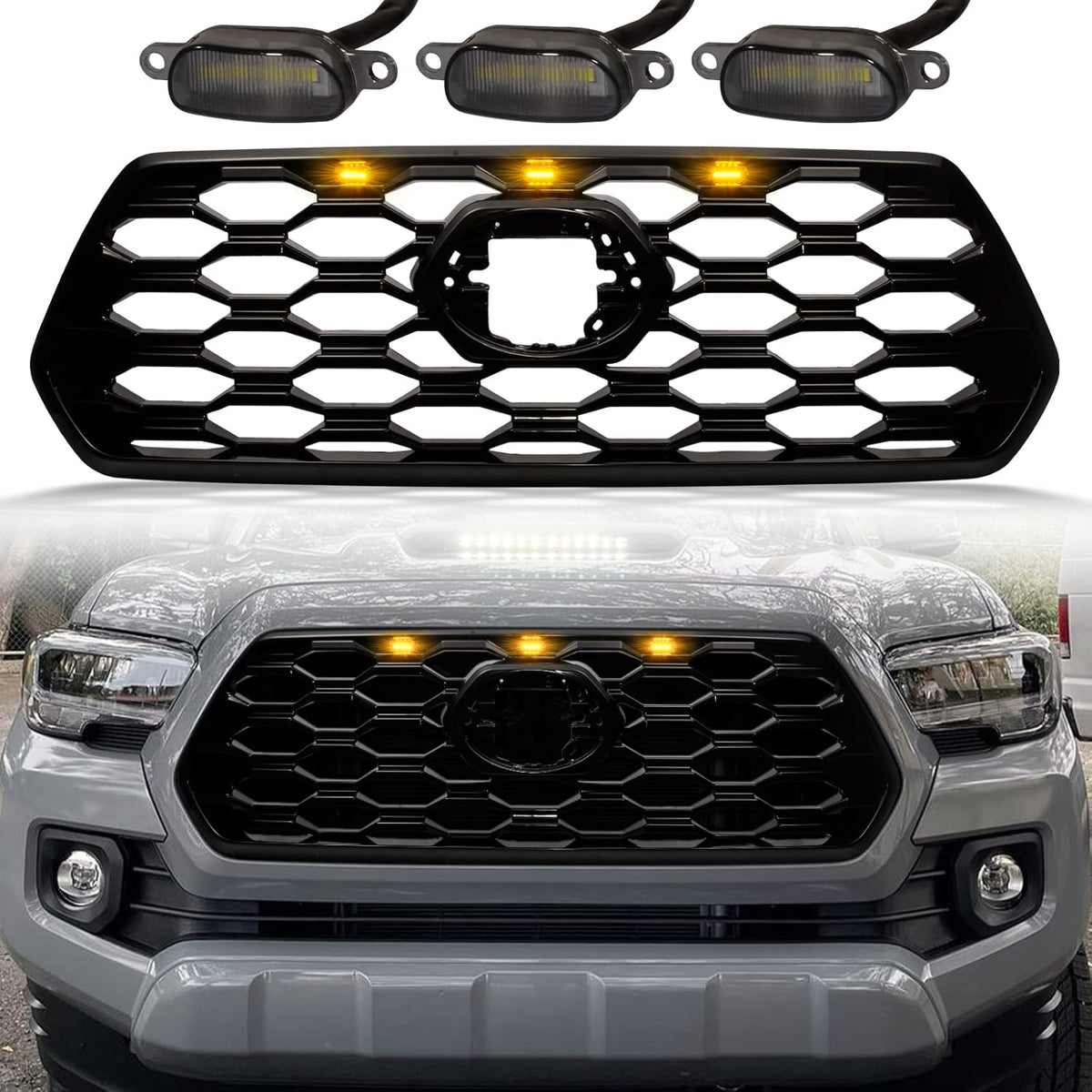 Bright Black Front Grill with Grey Letters and Amber Lights H29882
