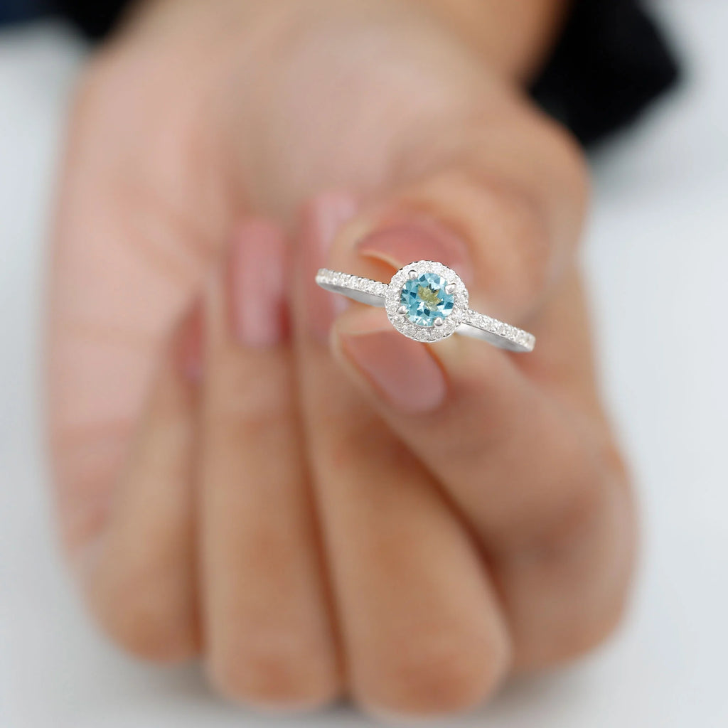 10K White Gold Aquamarine Ring with Diamond Halo D10503