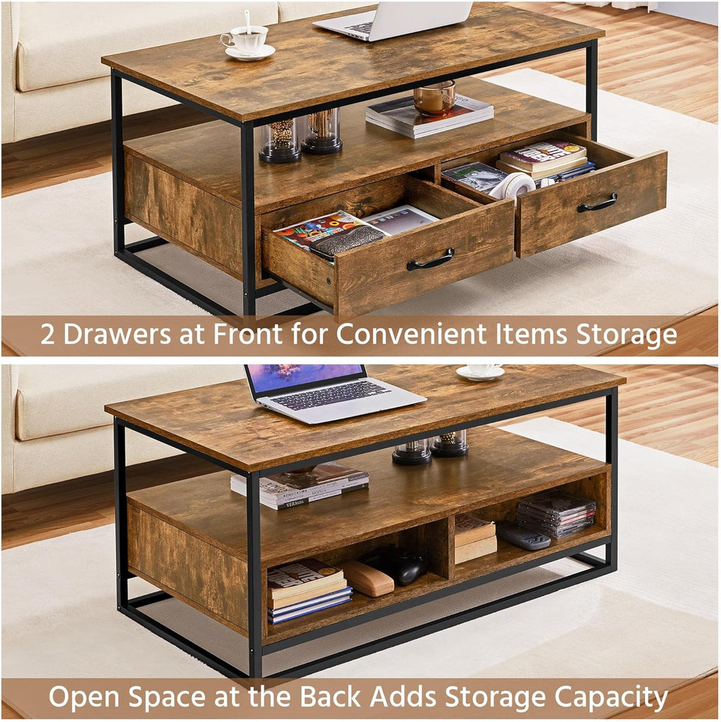 Farmhouse Coffee Table with Open Storage Shelves and 2 Drawers, Metal Frame, Rustic Brown B90666