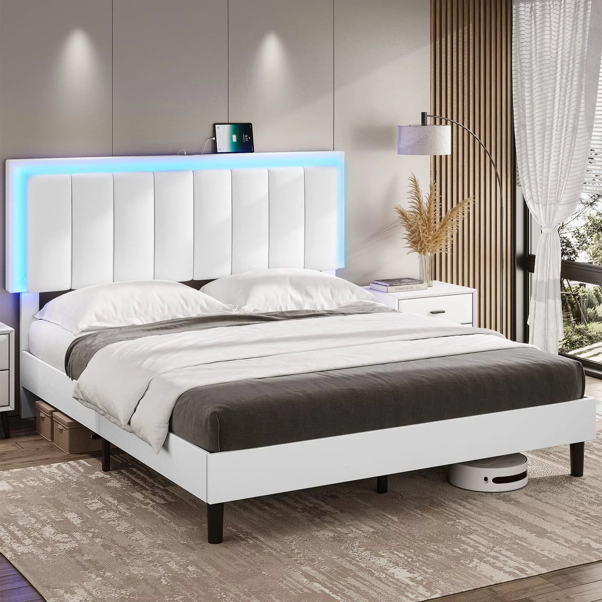 King Leather Upholstered Platform Bed with Charging Station and LED Lights H23530