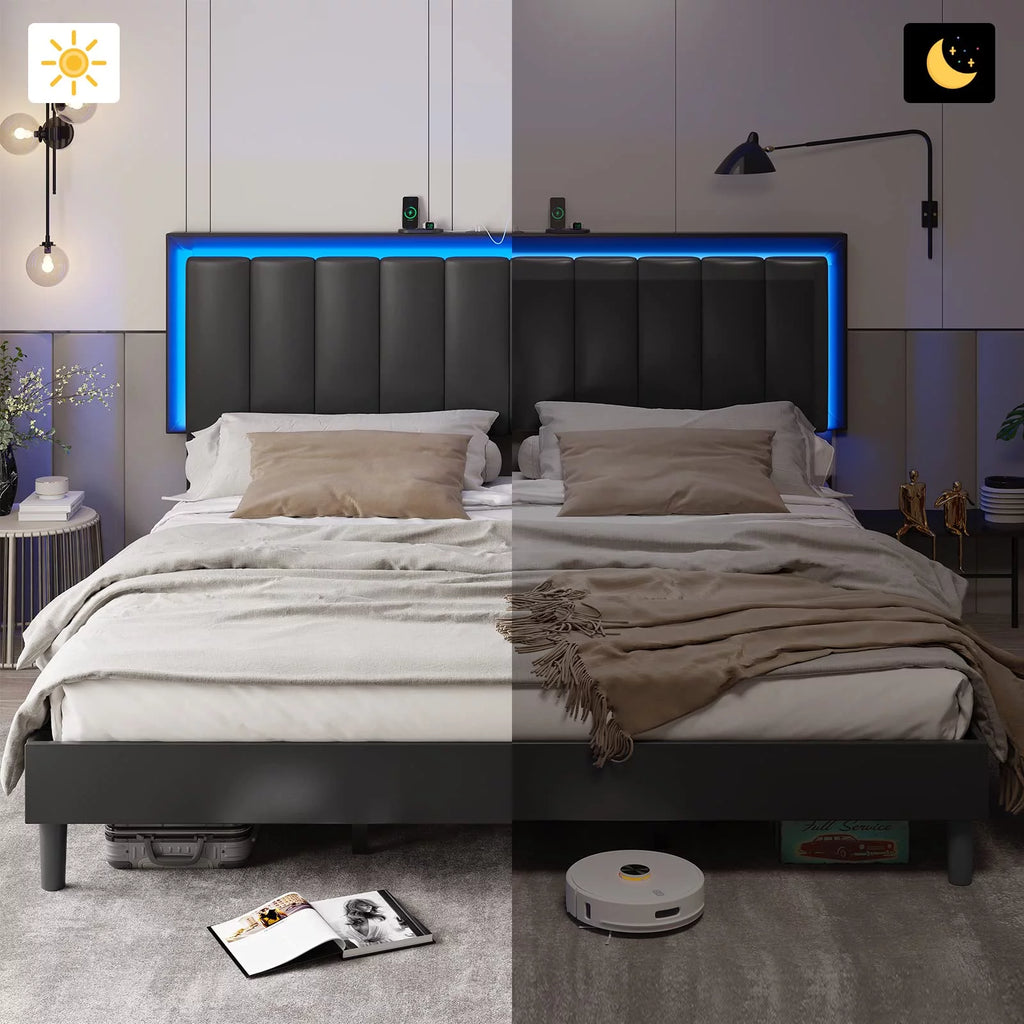 King Leather Upholstered Platform Bed with Charging Station and LED Lights H23530