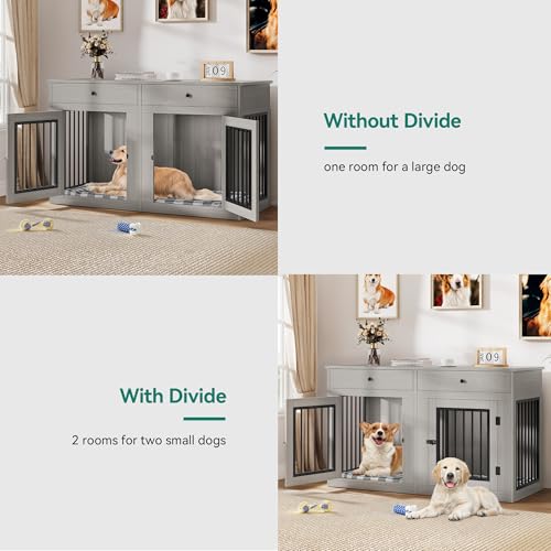 60" Wooden Dog Crate Furniture with Divider Storage Drawers Double Door Grey V8284