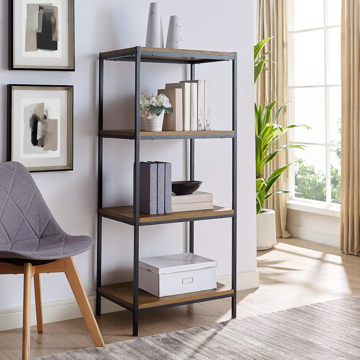 Rustic Industrial 4 Tier Bookshelf with Metal Frame J62772